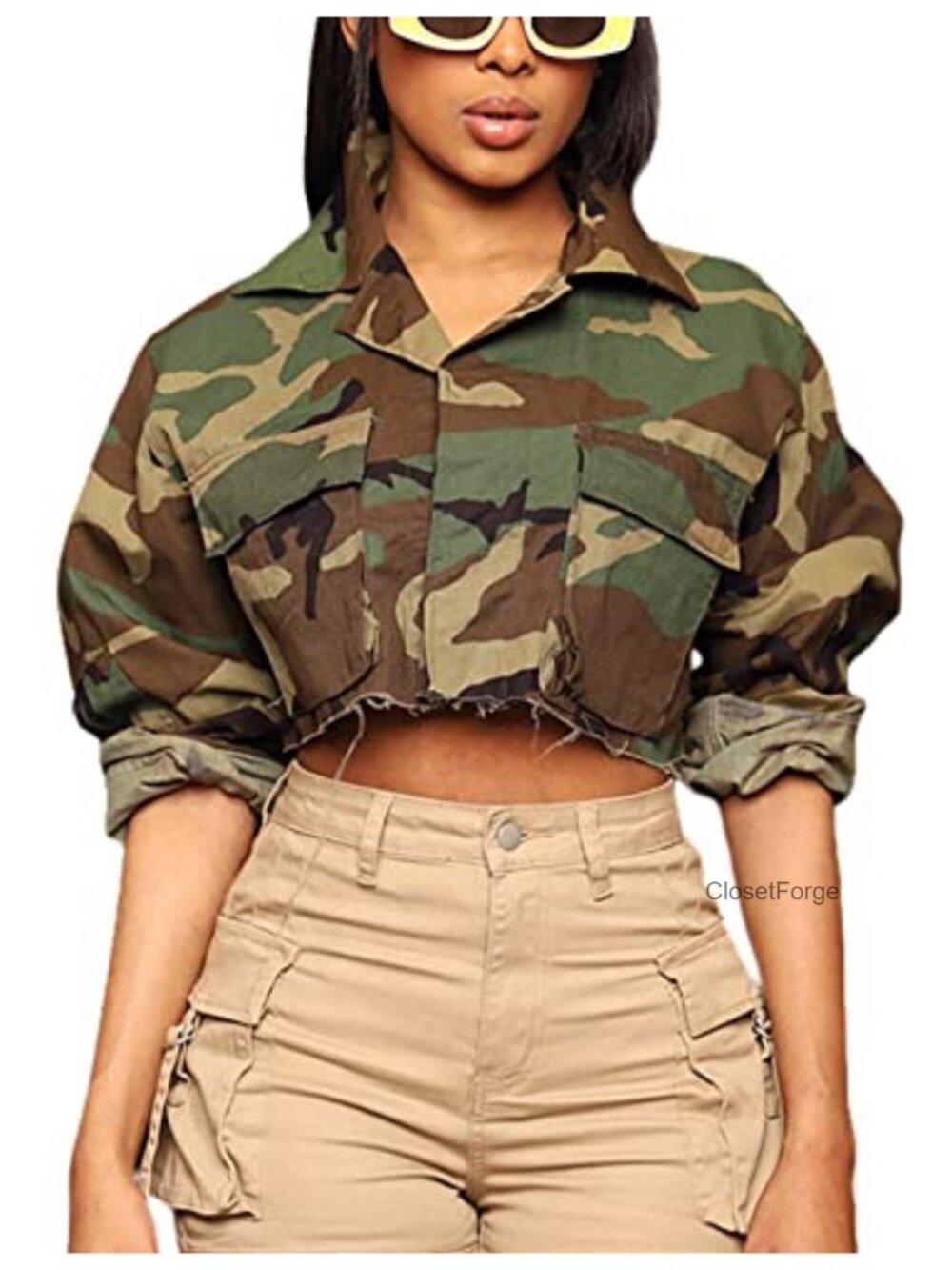 Cropped Bomber Jacket Polyester Camouflage Coat Women Casual Denim Style